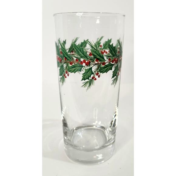 Vintage Holiday Holly Berry Highball Glasses Set 3 Christmas Evergreen Tumblers - Picture 5 of 7
